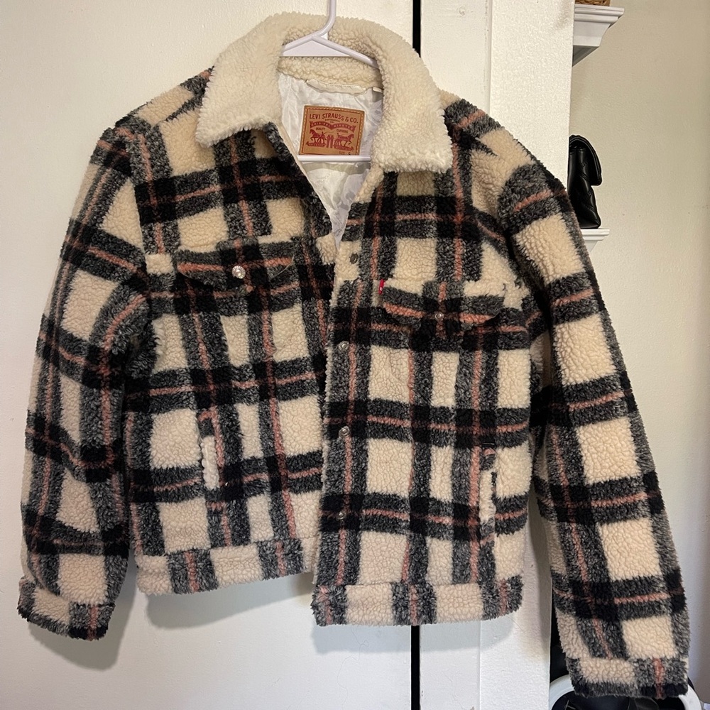 Levi's Cream and Black Plaid Sherpa Jean Jacket
